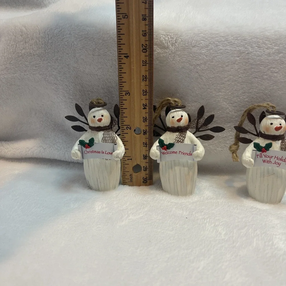 Ganz Lot of 3 Snowman Angel Ornaments wood Metal w/sign Friends Love Holiday Joy